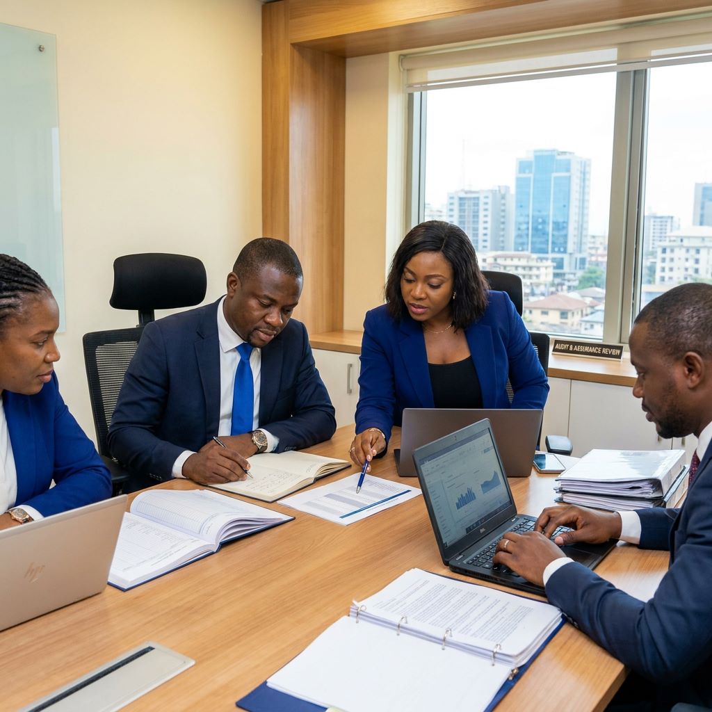 Experienced professionals reviewing audit evidence, controls and financial working papers